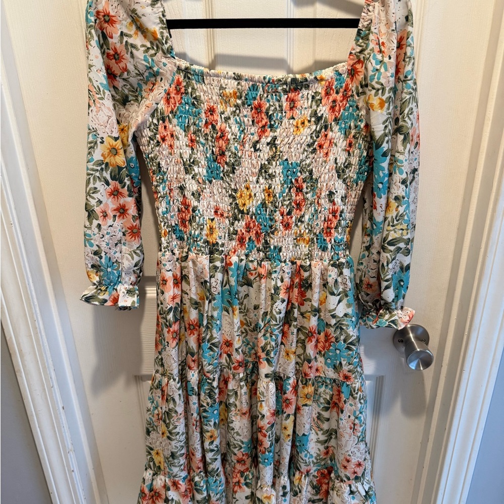 Baltic Born Cream Midi Smocked Floral Dress with Bishop Sleeves